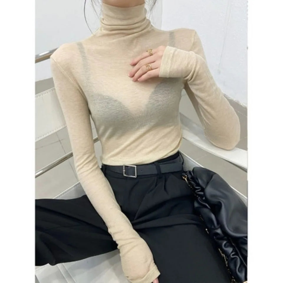 Turtleneck Slim High Quality Plain T Shirt Women
