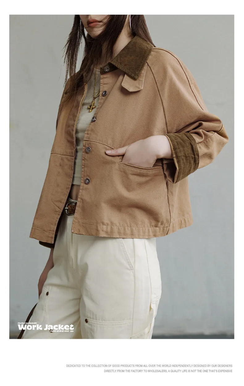 Women’s Retro Khaki Corduroy Collar Barn Jacket