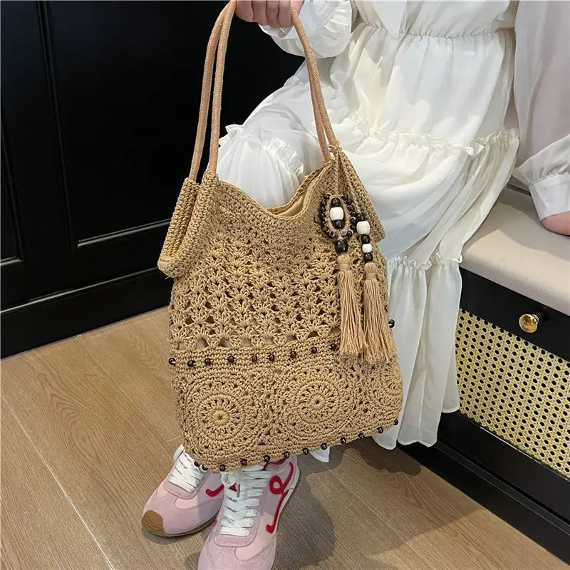 Weave Handbag Large Capacity Shoulder Bag Hollow out Tote