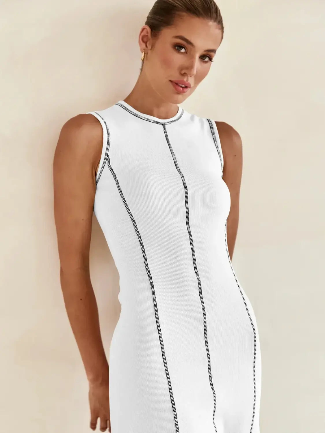 Women Clothing Knitted Long Skirt Simple Round Neck Sleeveless Female Vestidos