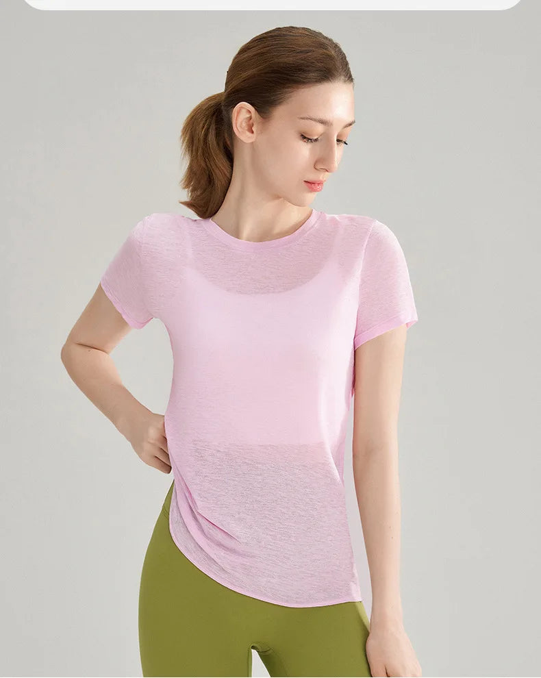 Women Yoga Short Sleeve Light Thin Back Hollow Out Breathable Loose Blouse