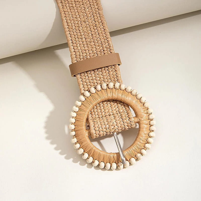 Women Round Buckle Boho Straw Belt