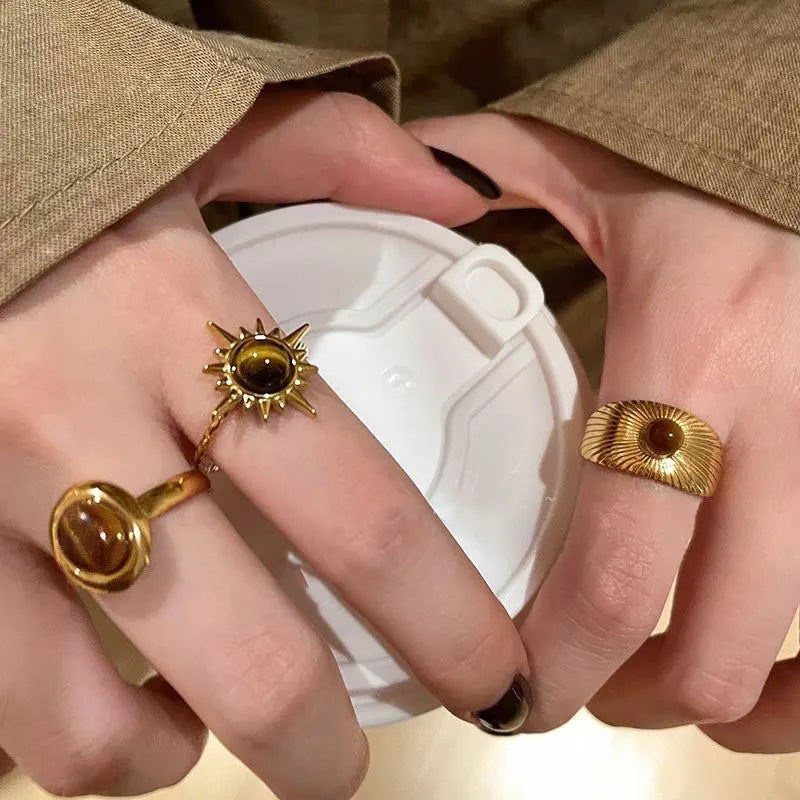 Vintage Gothic Brown Crystal Cross Geometry Open Rings