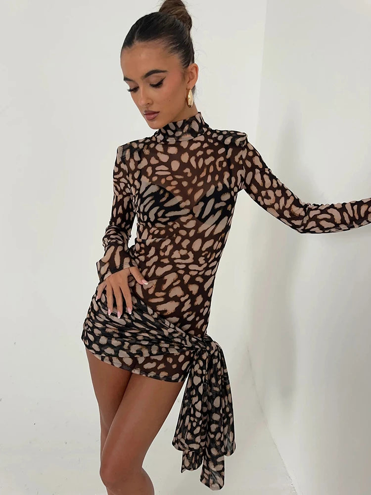 Turtleneck Sheer Print Leopard Bandage Women Dress - Norellé