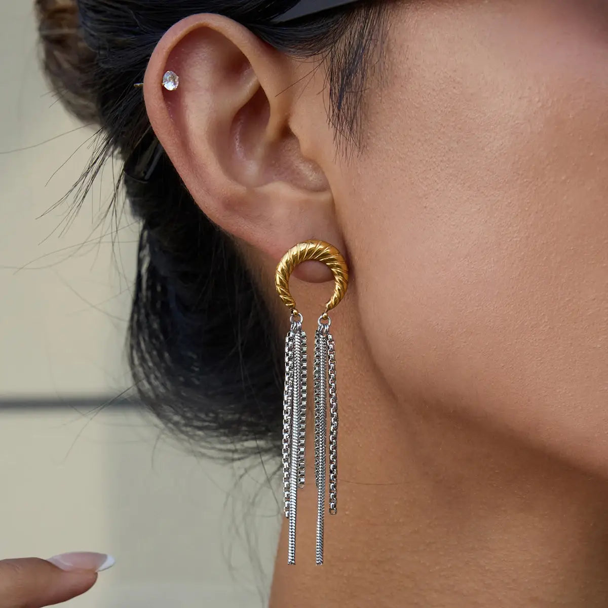 Gold Color Plated Stainless Steel Two Tone Moon tassel Earrings