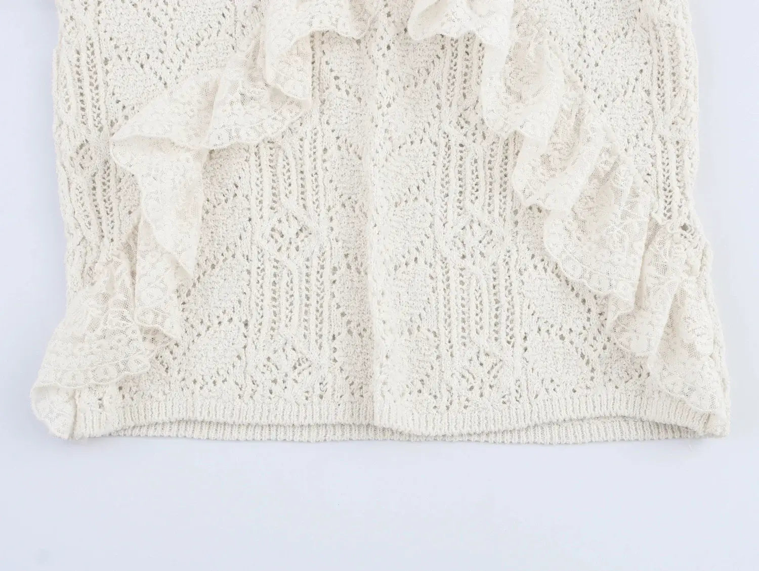 Women’s Hollow Out Knit Blouse Ruffled Round Neck Short Sleeves