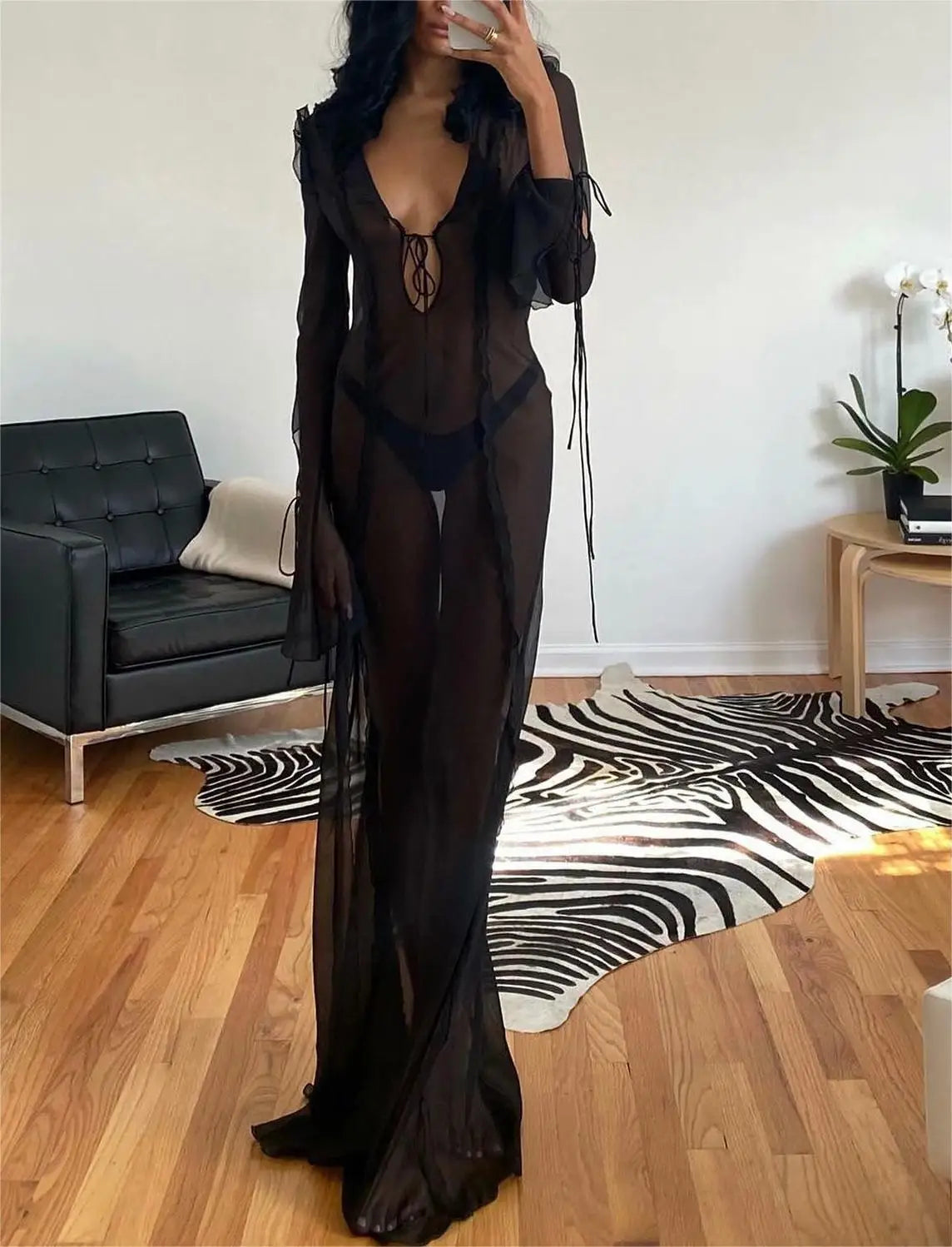 Women Long Dress Long Sleeve V Neck Patchwork See-Through Slit Dress - Norellé