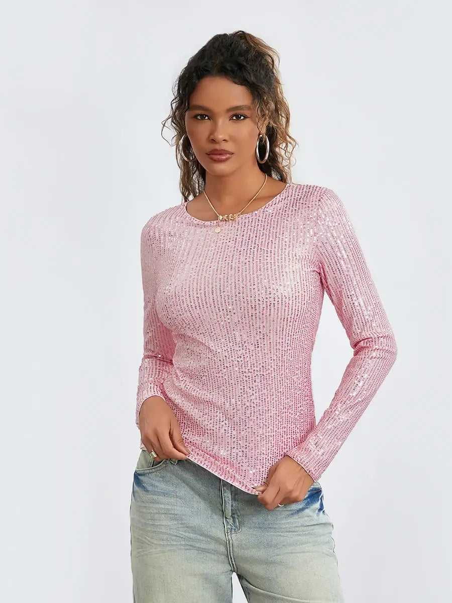 Women Long Sleeve Cropped Top Sequin Basic T-shirt