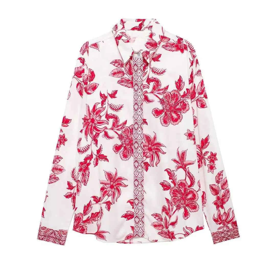 Women's Retro Emblem Pattern Flower Print Shirt Hollow Flower Mini Wrap Skirt