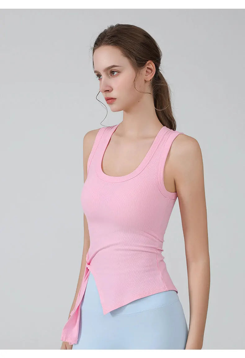 Women Yoga Solid Color Side Slit Bandage Tank Top