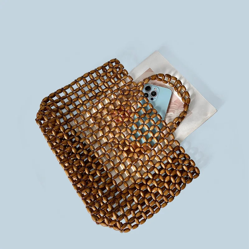 Summer Women’s Handwoven Totes Beach Holiday Hollowed-Out Wooden Beaded Bag