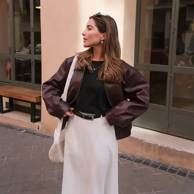 Vintage Wine Red Loose Short Leather Jacket Women