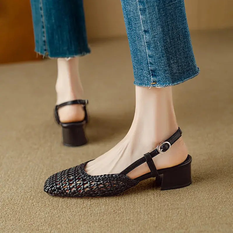 French Square-toed Woven High-heeled Sandals