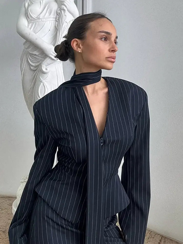 Striped Print V-neck Ribbon Shirt