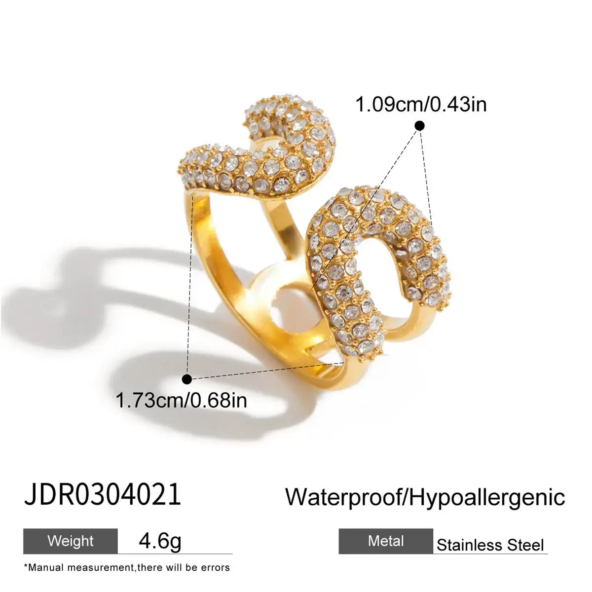 Gold Color Plated Stainless Steel White Rhinestone Paper Clip Ring