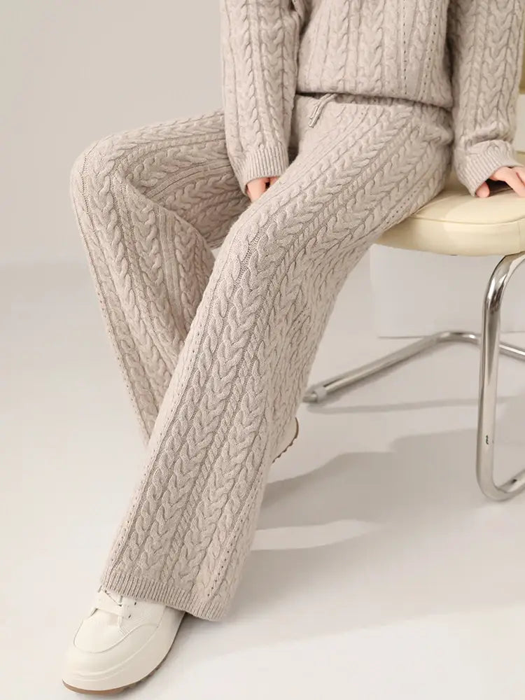 100% Wool Suit Women’s Pullover Sweater Knitting O-neck Wide Leg Pant
