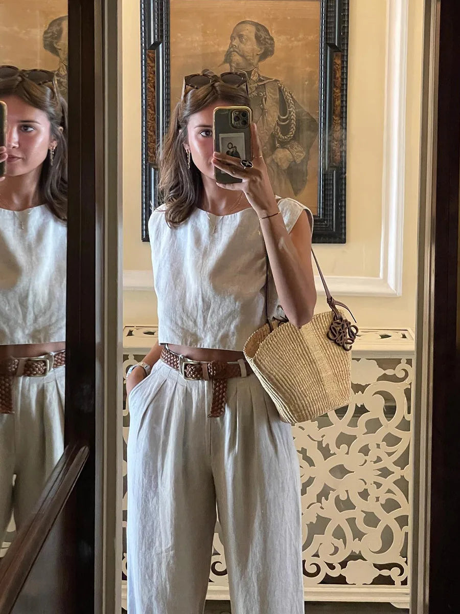 Cotton Linen Vest Pants Set Women