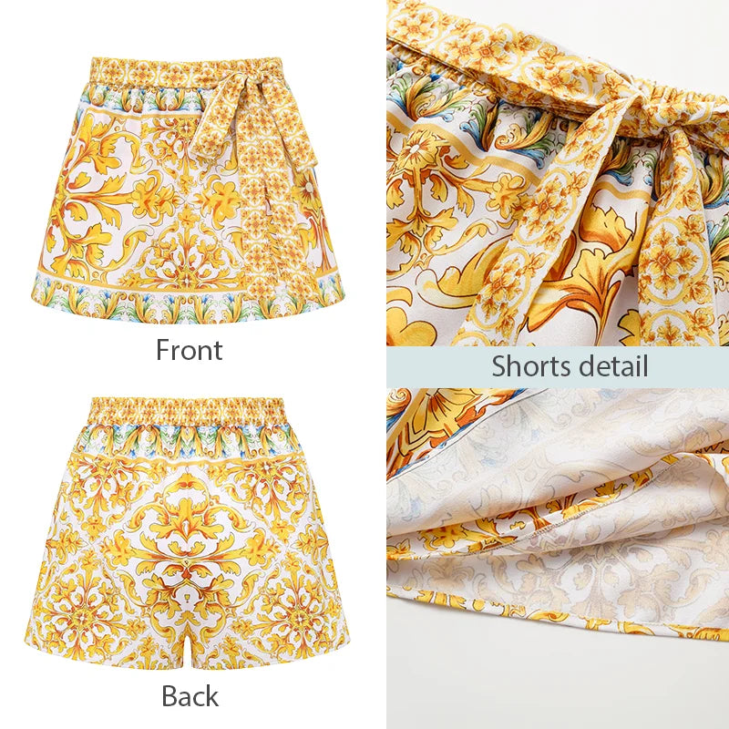 Ruffle V Neck  Golden Print One Piece Swimsuit and Shorts Women Beachwear Bathing Suit - Norellé