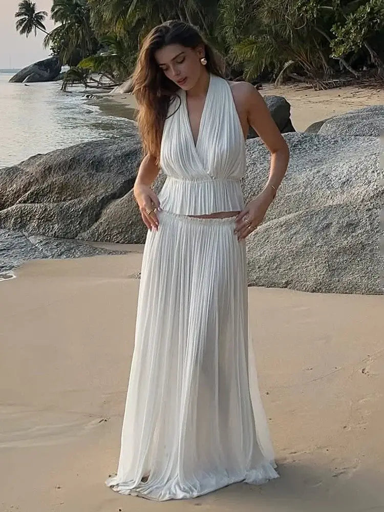 Backless Halter Dress Sets Female Beach Vacation