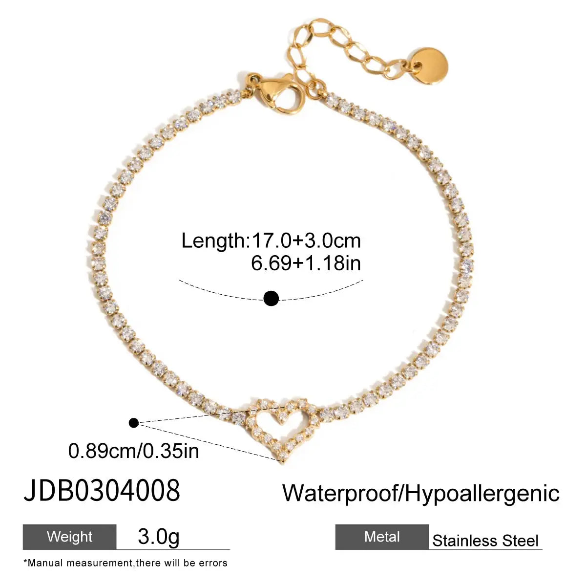 White Zircon Heart Hollow Bracelet Stainless Steel Waterproof