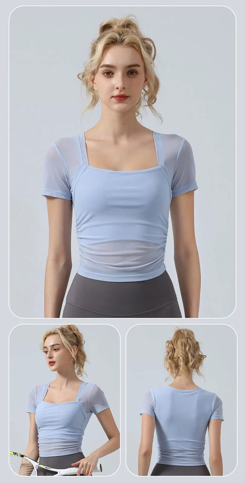 Mesh Patchwork Women Yoga Short Sleeve Fixed Cup T-shirt