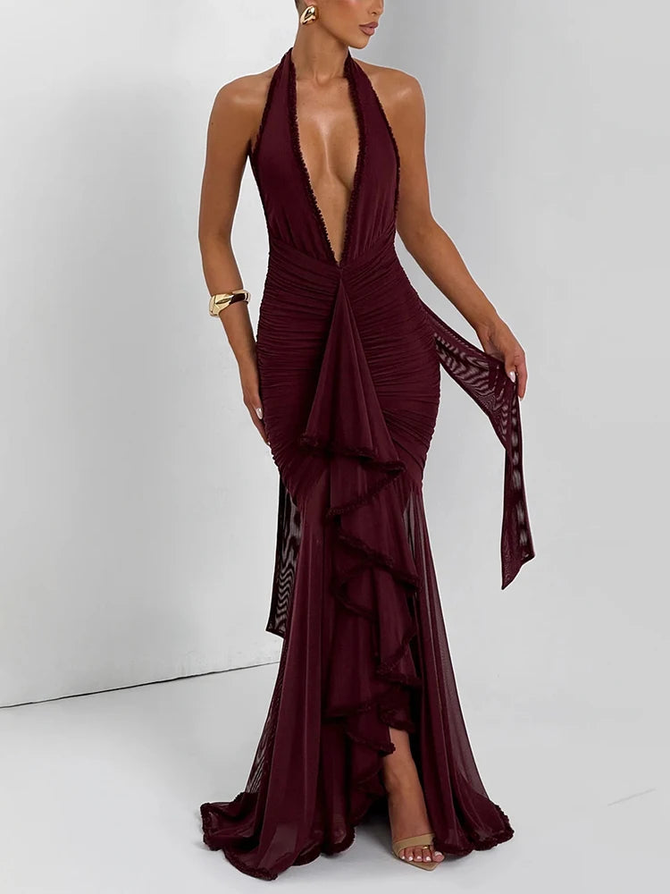 Elegant Halter Deep V Neck Maxi Dress Women - Norellé