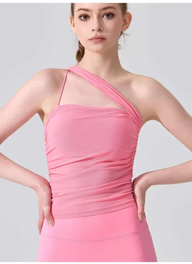 Sleeveless Slimming Top Single Shoulder Straps Women Yoga Mesh Tank