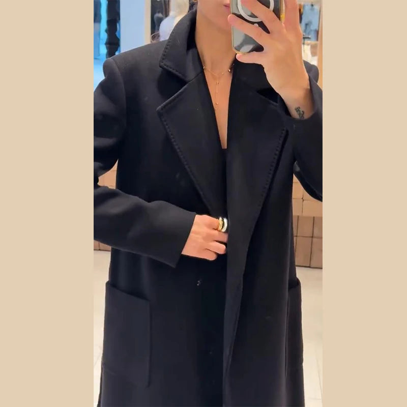 Women’s Overcoat Turn-down Collar Full Sleeve Belt Lace Up Black Long