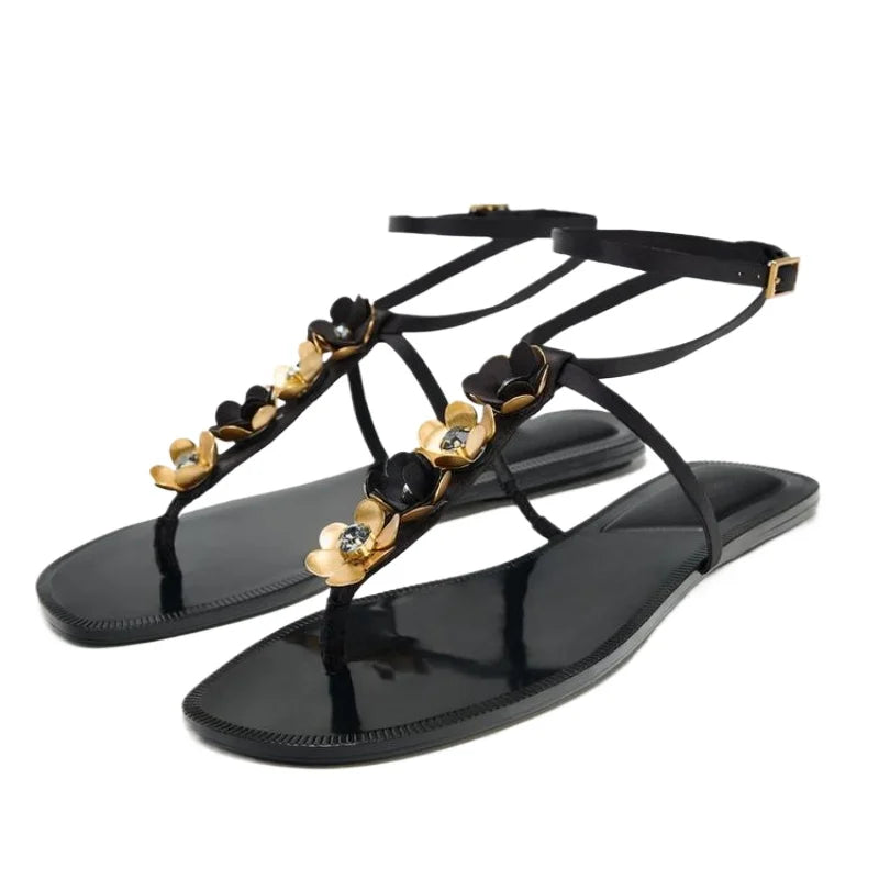 Metal Flower Decoration Flat Sandals