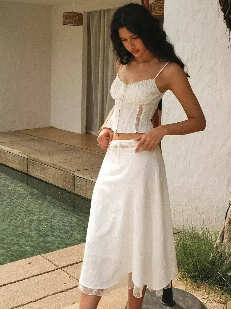 White Dress Set Women 2pcs Matching Set Skirt Spaghetti Strap Top - Norellé