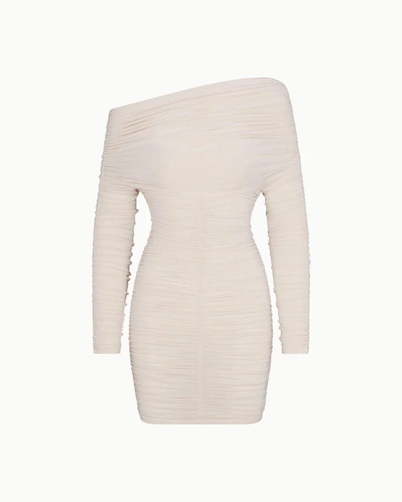 Inclined Shoulder Long Sleeve Mini Dress For Women