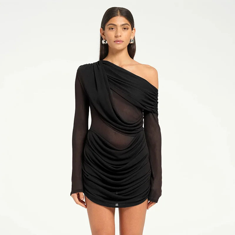 Mesh One-shoulder Long Sleeve Mini Dress
