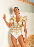 Ruffle V Neck  Golden Print One Piece Swimsuit and Shorts Women Beachwear Bathing Suit - Norellé