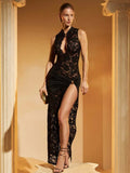Hollow Out High Slit Lace Women Maxi Dress Black See - Norellé