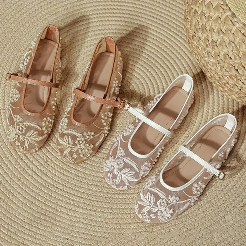 White Pearl Decoration Mesh Embroidery Ballet Flats