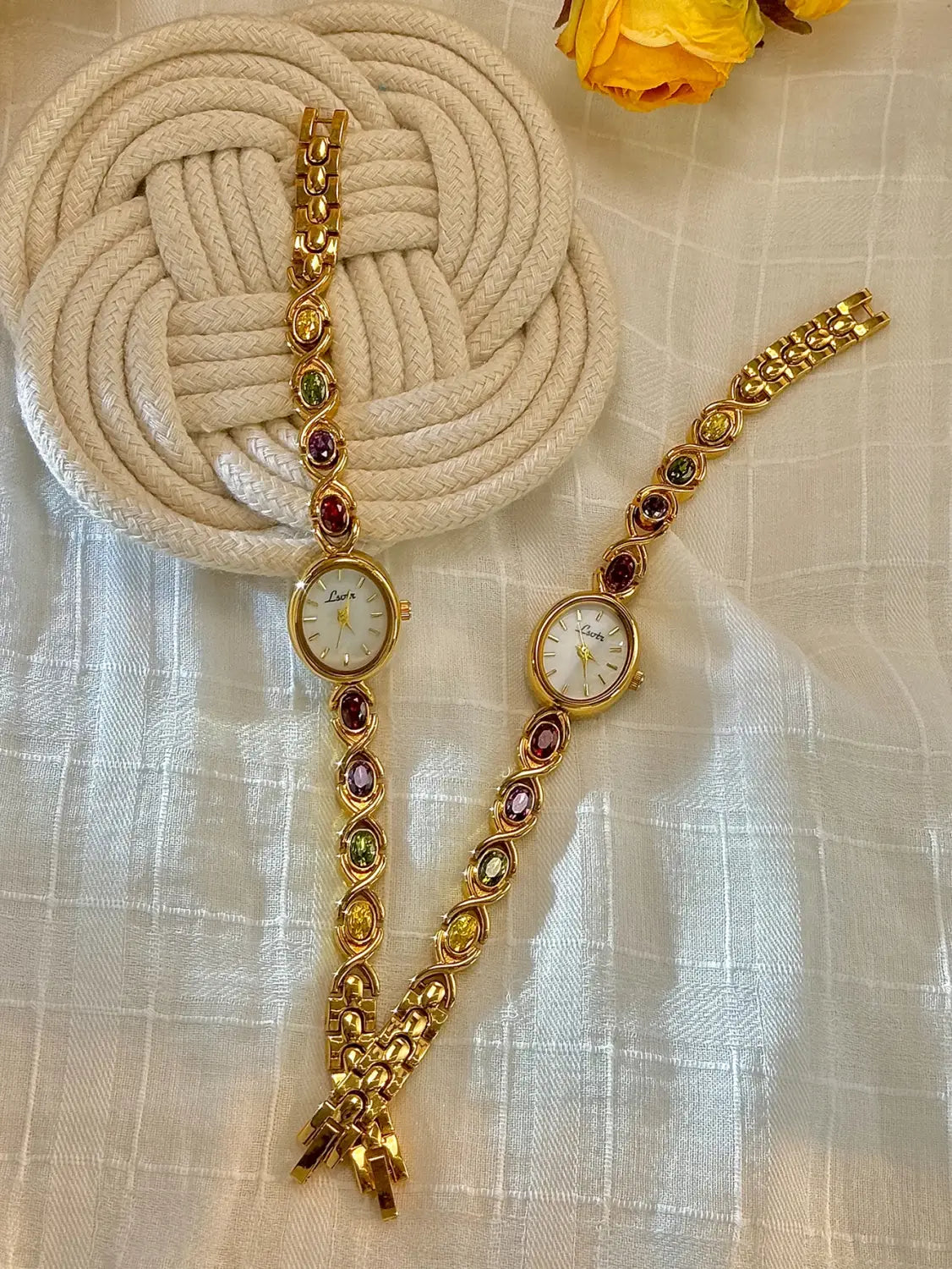 Colorfuled Tourmaline Gem Rhinestone Retro Elegant Fashion Women’s Watch Oval Mother-Of-Pearl Dial