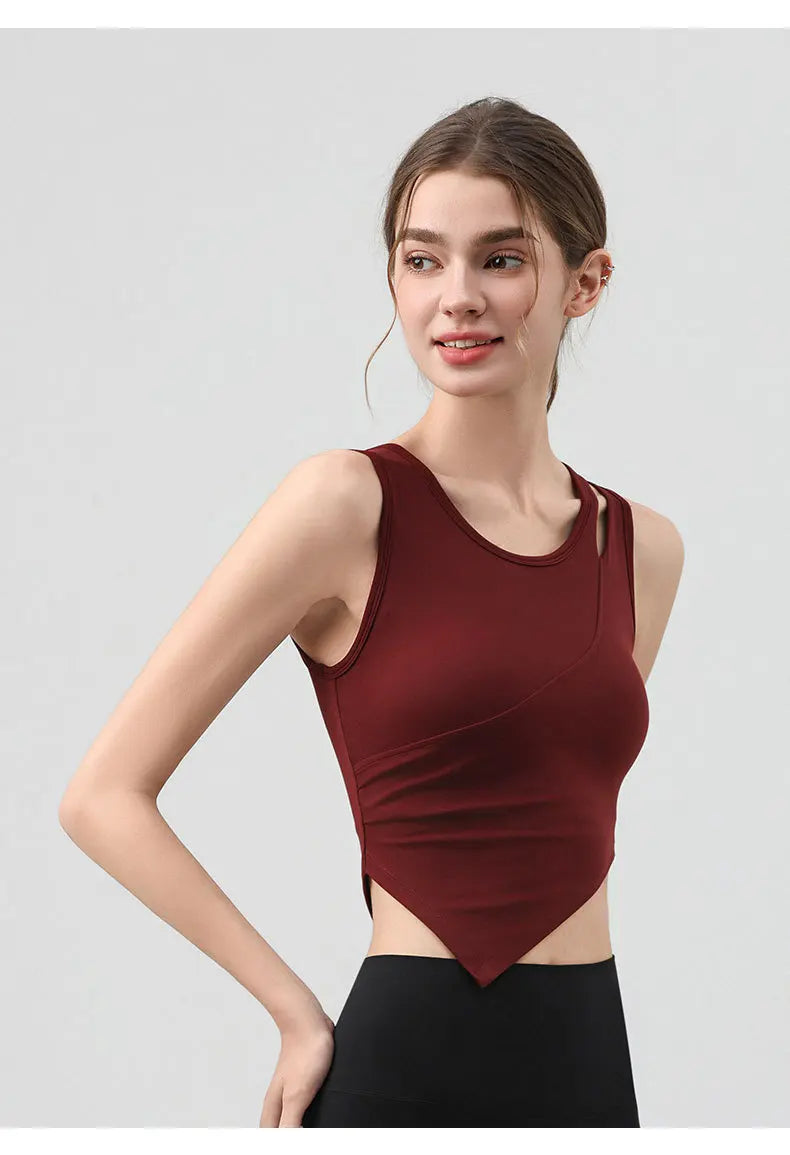 High Strength Women Yoga Irregular Lower Hem Shoulder Hollow Out Tank Top