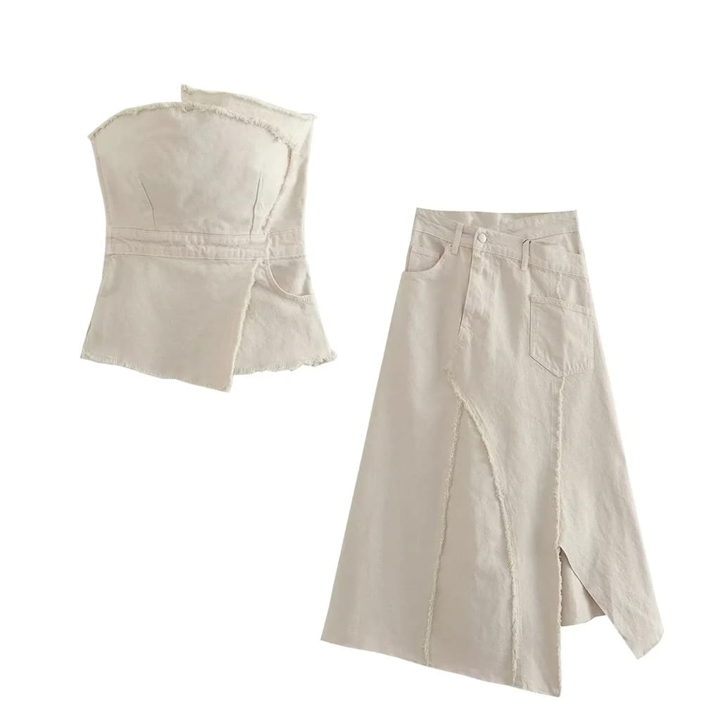 Women’s Temperament Asymmetric Ragged Edge Tight Top High Waist Solid Color Skirt Set