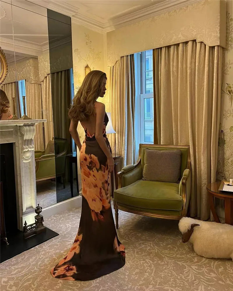 Satin Floral Print Maxi Dress Women