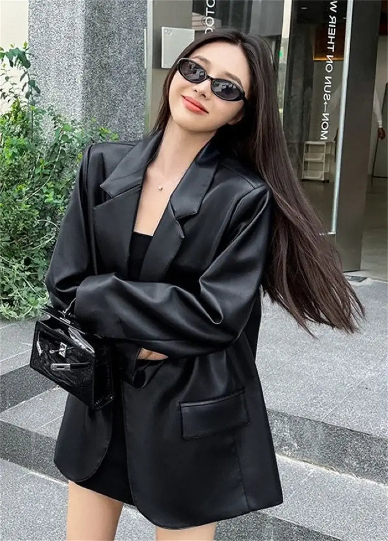 Women Black Soft PU Leather Blazer