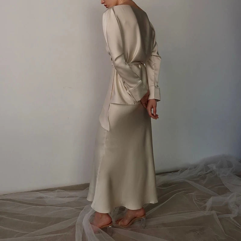 Fashion Long Sleeve Two Piece Casual Temperament Satin Women’s Set