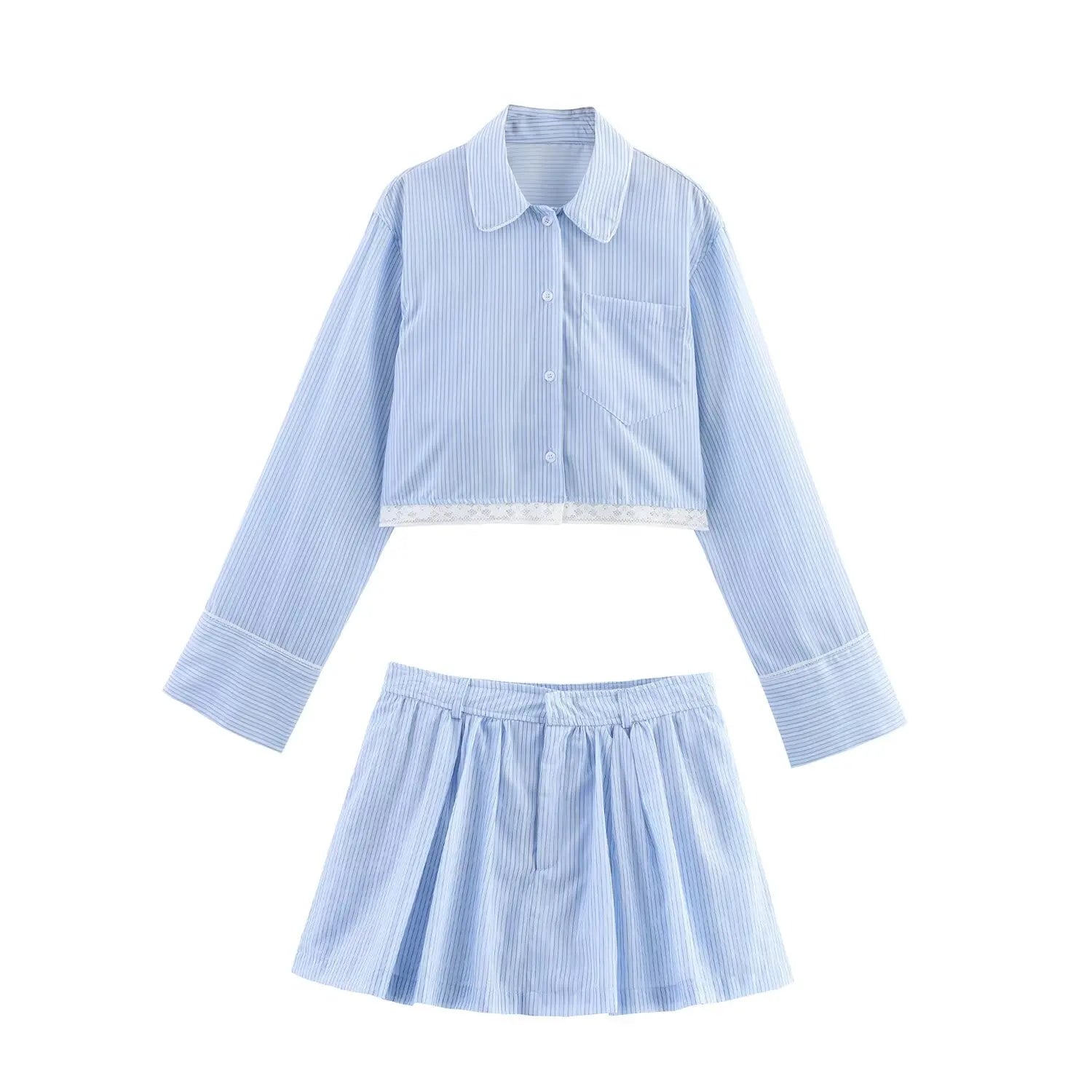 Women’s Lace Detail Striped Short Shirt Fluffy Mid Waist Skirt Pants Set