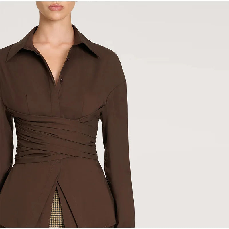 Women’s Shirts Solid Laple Waist Cinching Full Sleeve