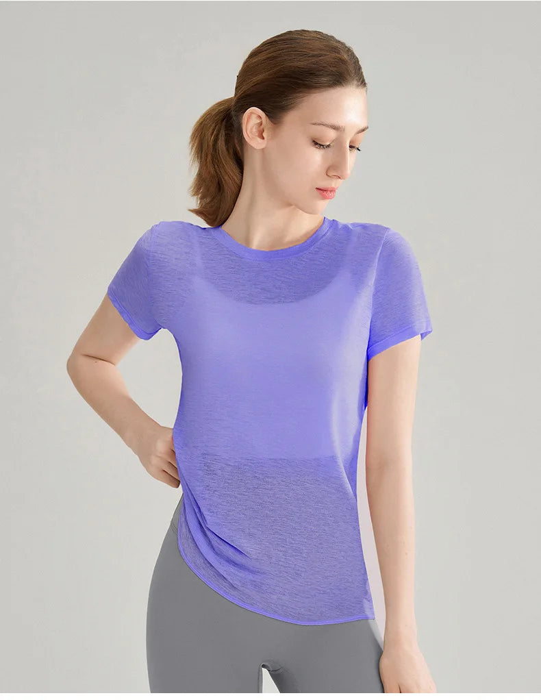 Women Yoga Short Sleeve Light Thin Back Hollow Out Breathable Loose Blouse