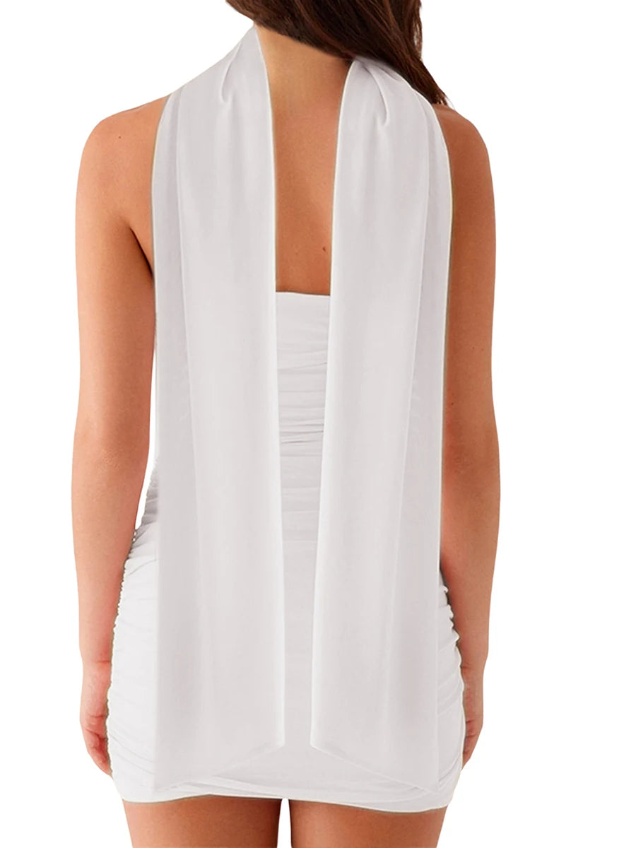 Women Ruched Tube Top Dress With Scarf