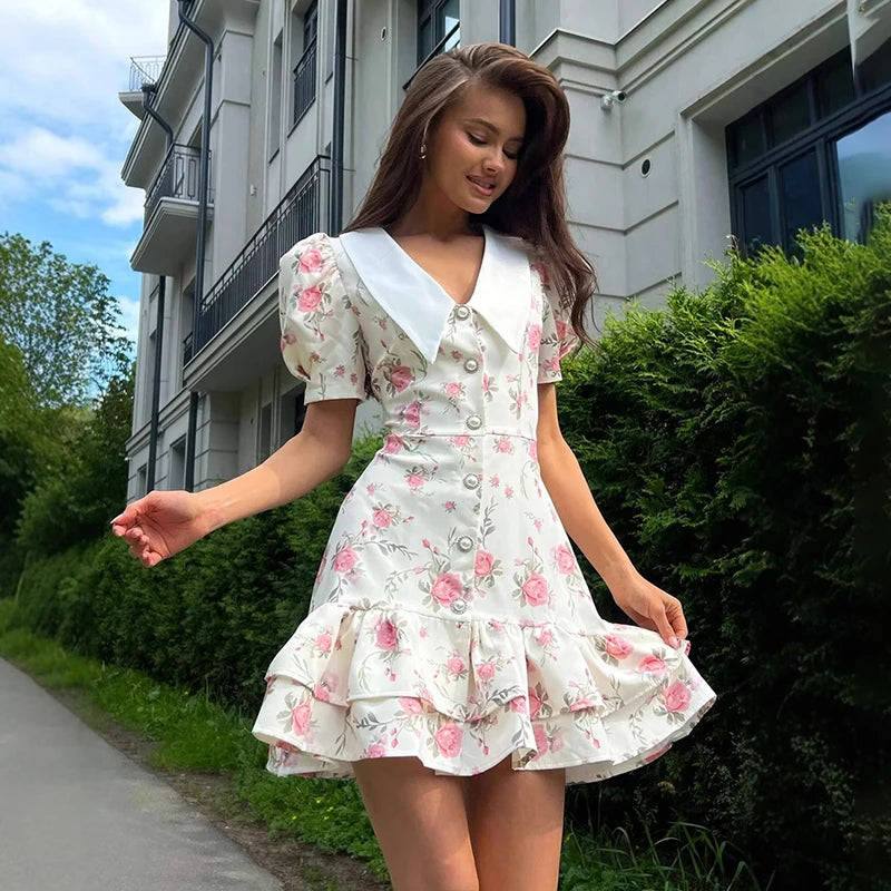 Print Puff Sleeves Ruffled Dress - Norellé
