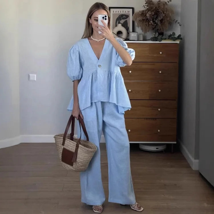 Women Pant Set Suits Cotton Solid Outfits V-neck