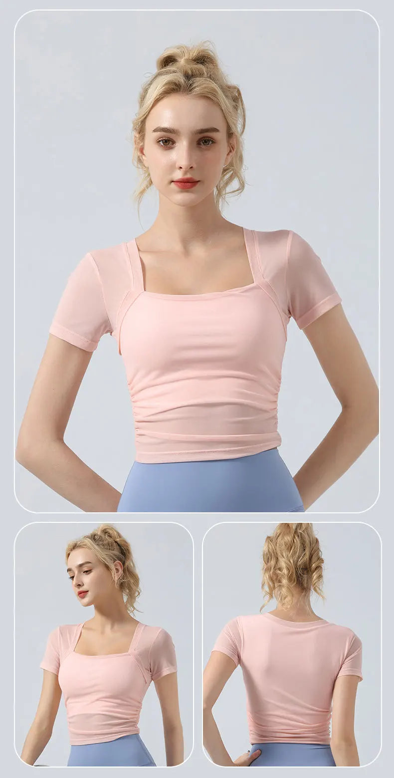Mesh Patchwork Women Yoga Short Sleeve Fixed Cup T-shirt