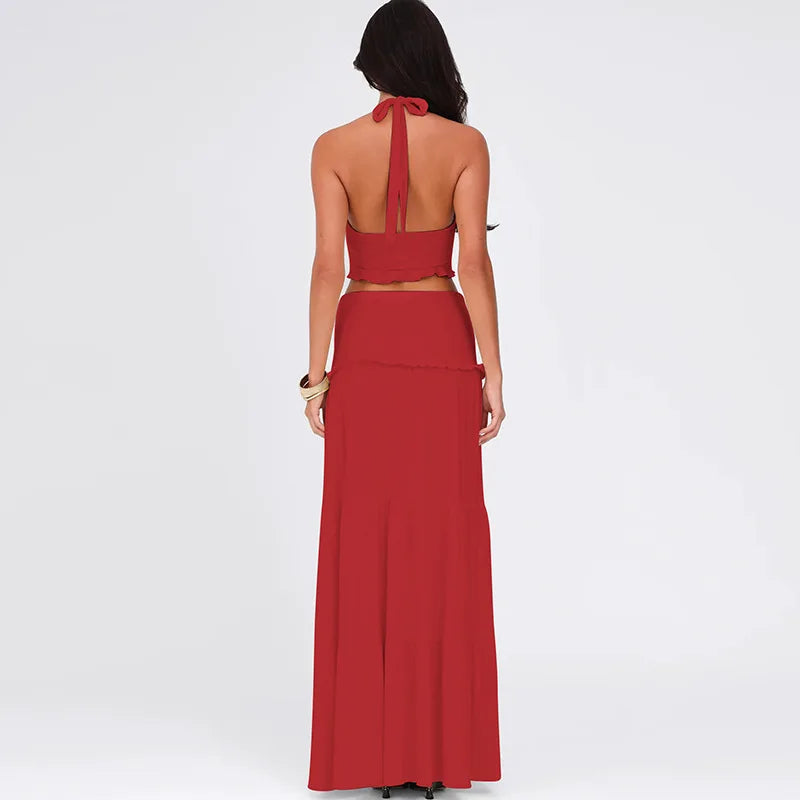 Elegant Two Piece Sets Sleeveless Frill Halter Twist Top Dress