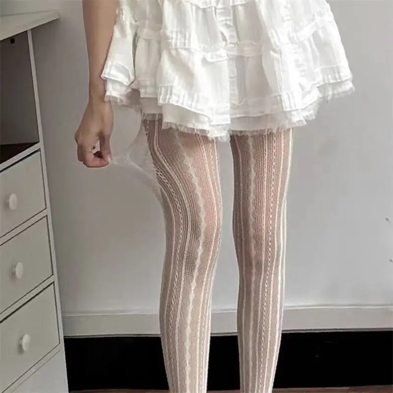Striped Tights Women Figures Hollow-Out Lace Fishnet